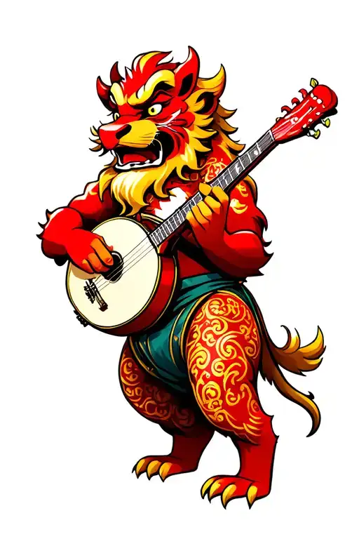 Red Chinese Lion Playing The Banjo
