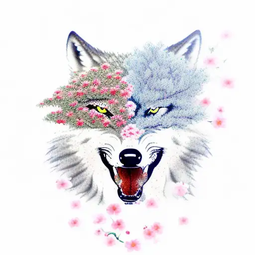 A Wolf Running Through A Traditional Japanese Cherry Blossom Garden