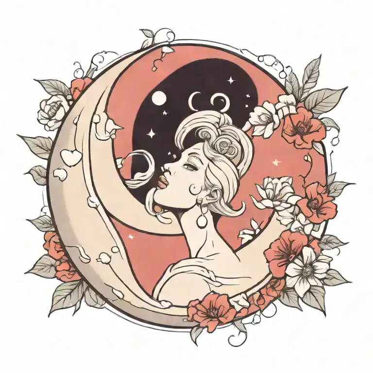 Moon Tattoo With Flowers
