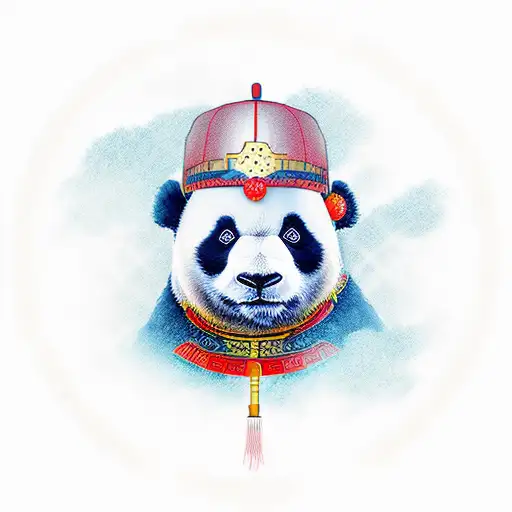 Panda Warrior With Blue Eyes And Wearing A Chinese Hat