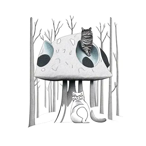 A Cat Sitting On A Giant Mushroom In A Whimsical Forest Setting