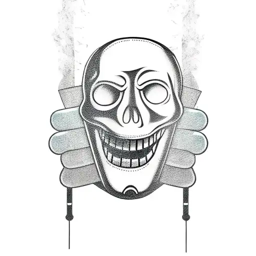 A Minimalist Tattoo Of A Spooky Horror Movie Mask With A Beer Bottle And Music Notes Intertwined