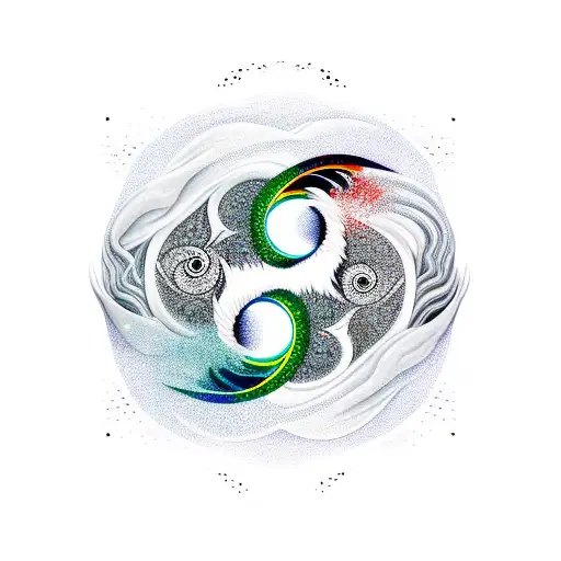 Phoenix And Japanese Wave In Ying Yang Symbol