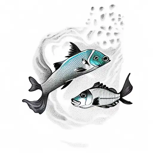 Mother And Child Pisces Fish Swimming Together In A Dark Underwater Scene