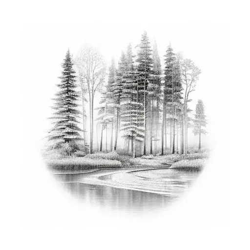 A River Flowing Through A Mystical Forest With A Hidden Lake