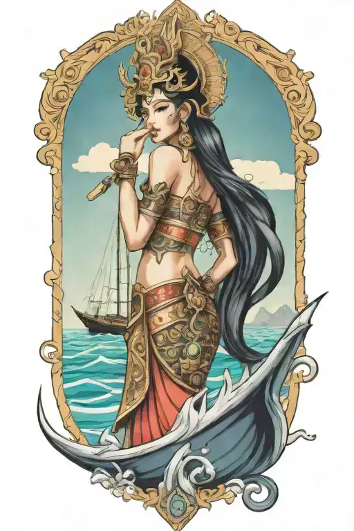 Thai Goddess Warrior Incorporate Sail Boat In The Background