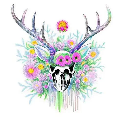 Deer Skull With Neon Flowers Hanging Off Antlers
