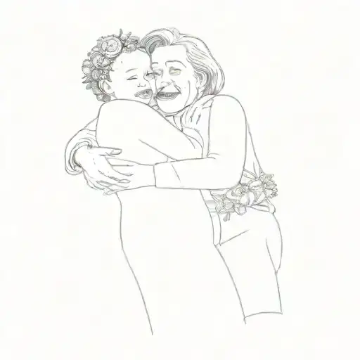 A Baby Girl And Her Grandmother Hugging Each Other On A Bouquet Of Flowers