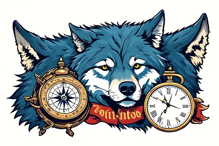 Wolf With Compass And Clock