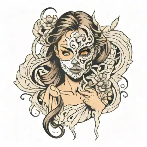 Beautiful Girl Hided By A Mask Split In Half