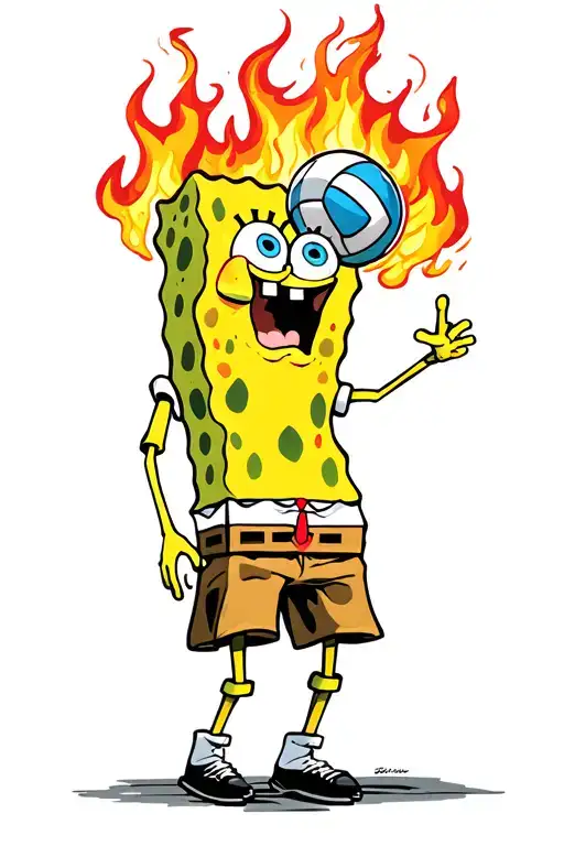 Spongebob And Volleyball In Fire Flames