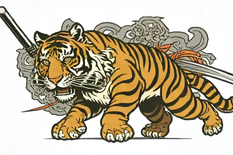 Tiger With Katana Sword Running Alongside
