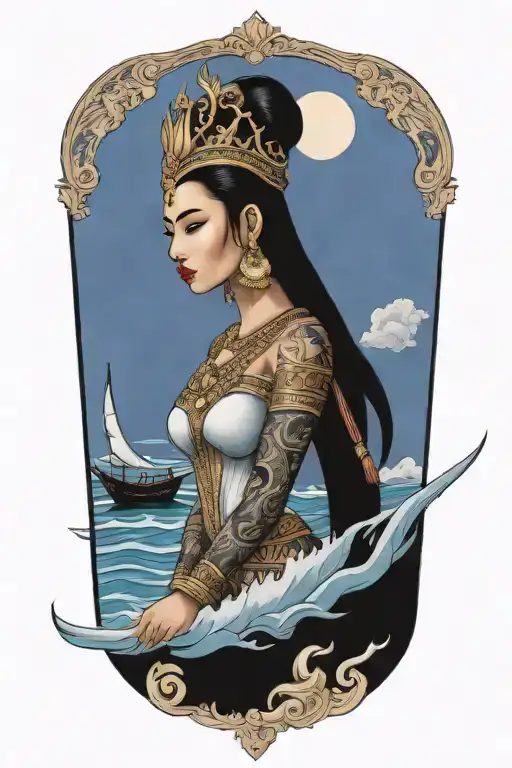 Thai Goddess Warrior Incorporate Sail Boat In The Background