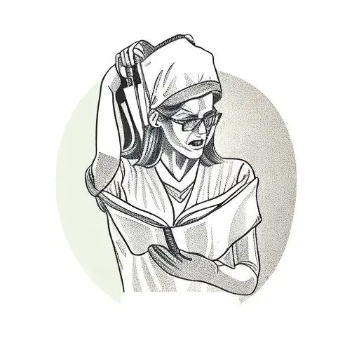 A Realistic Tattoo Of A Nurse Holding A Coffee Mug While Reading A Book