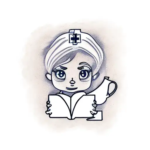 A Tattoo Of A Nurse Holding A Coffee Mug While Reading A Book