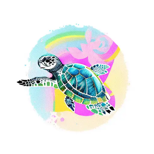 Sea Turtle With Owl Pattern On Shell With Subtle Rainbow Background