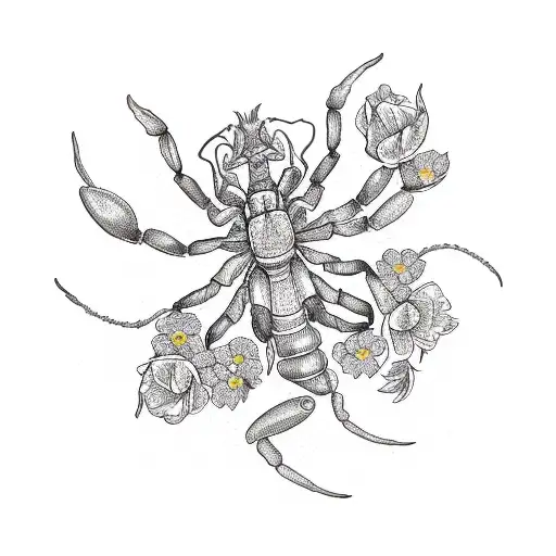 A Sketch Style Drawing Of A Scorpion Surrounded By Various Flowers
