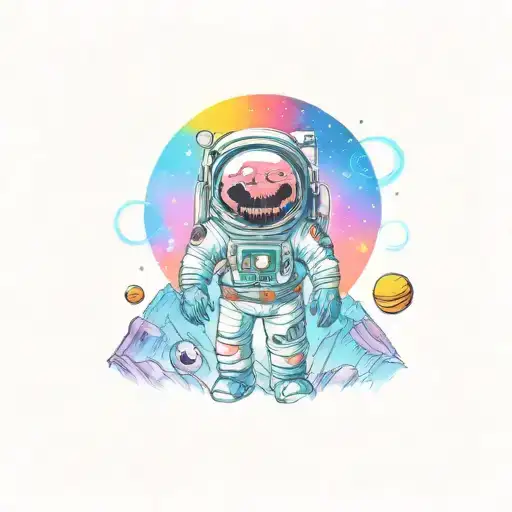 A New School Style Tattoo Of A Zombie Astronaut Exploring A Colorful Mountain Range In Space