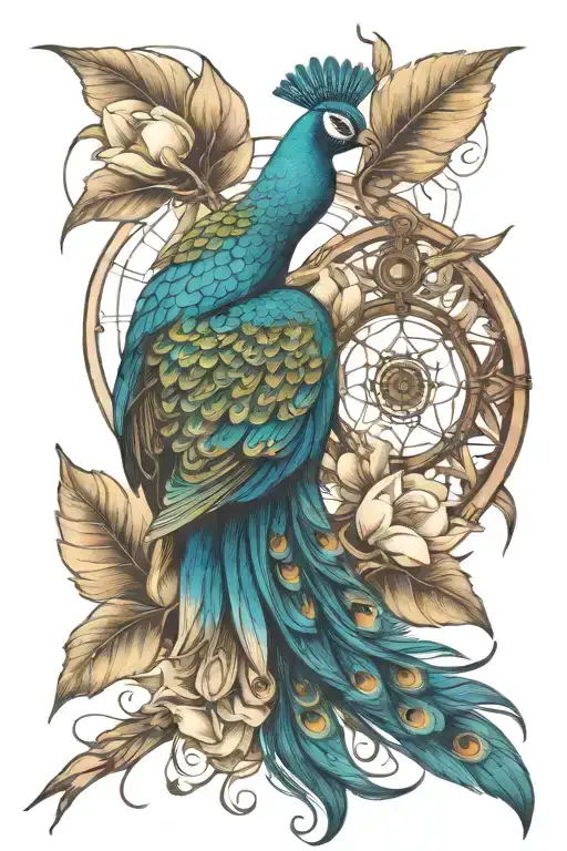 Magnolia Flower With Peacock And Dream Catcher Entangled In A Beautiful