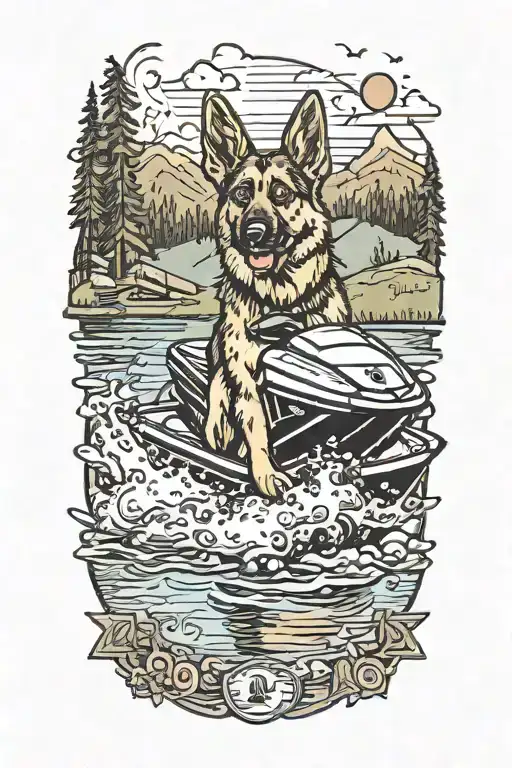 Camping Lake Mountains Jet Ski German Shepherd