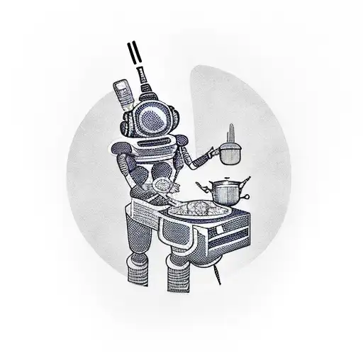 A Tattoo Design Featuring A Futuristic Robot Chef Cooking In A Spaceship Kitchen