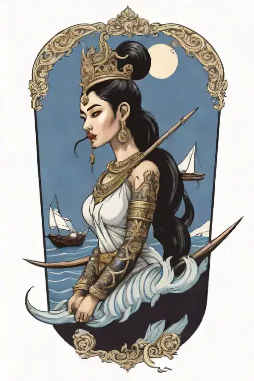 Thai Goddess Warrior Incorporate Sail Boat In The Background