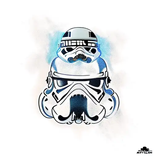 A New-school Tattoo Of A Pit Bull Wearing A Stormtrooper Helmet At The Beach
