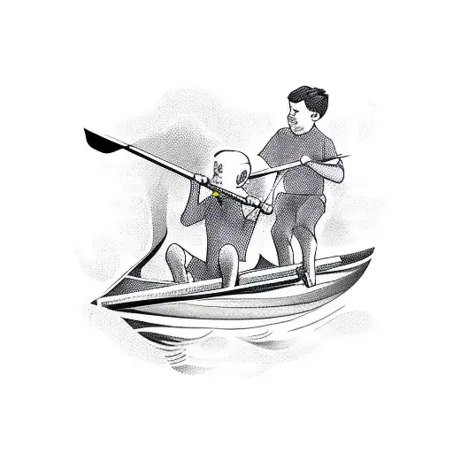 Old Man Rowing Boat With Grandson