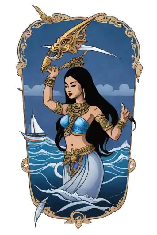 Thai Goddess Warrior Incorporate Sail Boat In The Background
