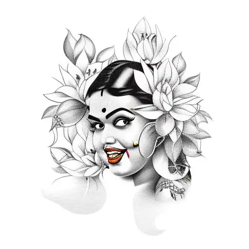 Pin Up Of A Chubby Indian Woman Surrounded By Black Dahlia Flowers