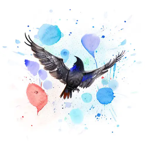 Watercolor Crow With Blue Wings Open