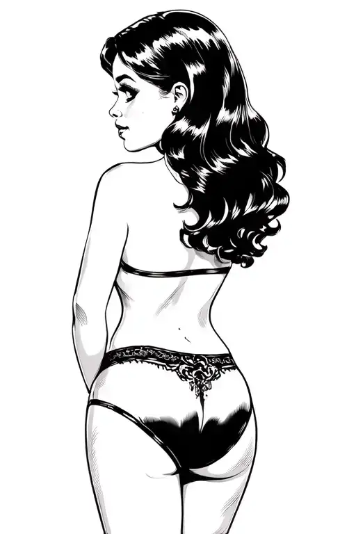 Pin Up Girl With Her Back Facing Forward Looking Over Shoulder With No Top On Wearing A Thong