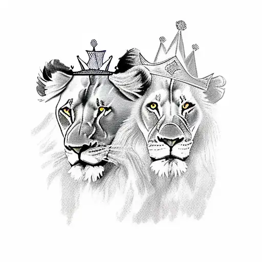 Lion With Crown And His Partner With Two Cubs