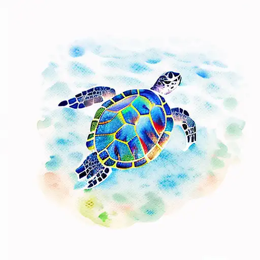 Watercolor Sea Turtle Swimming Among Coral Reefs