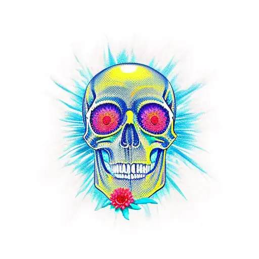 Two Half Skull With Chrysanthemum Colored All Seeing Eye