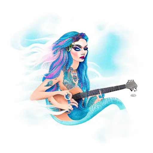 A Mystical Mermaid With Gypsy-inspired Tattoos Playing A Guitar By The Sea
