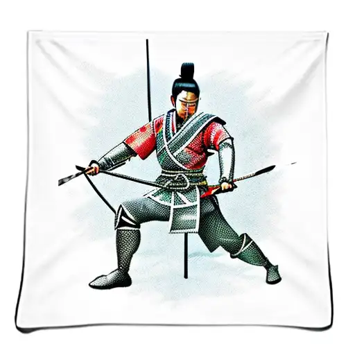 Samurai Kneeling On The Battlefield With Arrows And Swords Flags