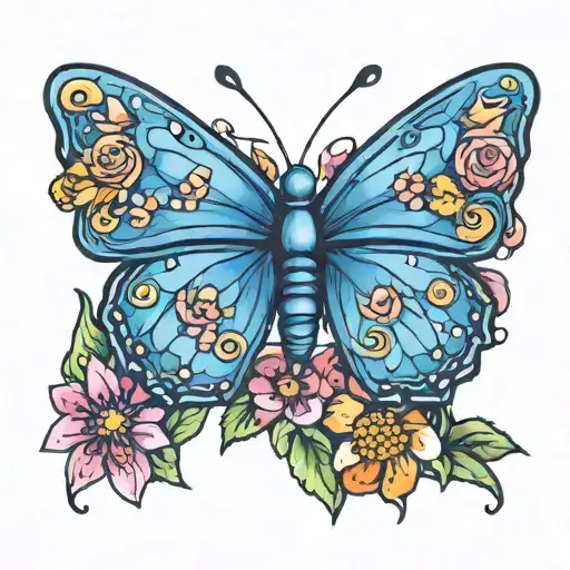 Blue Butterfly With Colourful Flowers Blooming