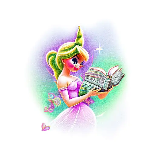 A Whimsical Tinker Bell Reading A Book Surrounded By Pink And Purple Sparkles