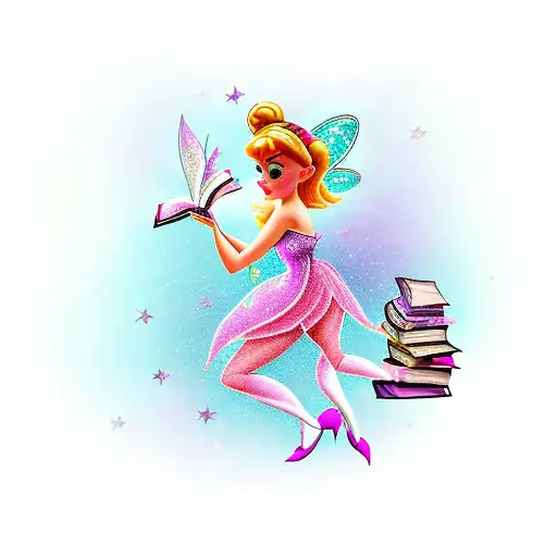 A Whimsical Tinker Bell Reading A Book Surrounded By Pink And Purple Sparkles