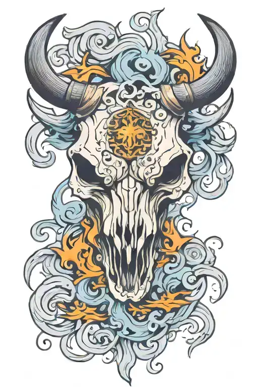 Bull Skull Surrounded By Smoke Swirling