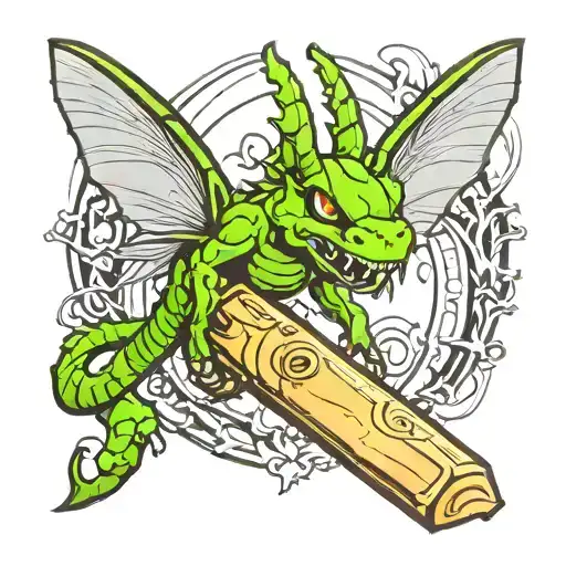 A Tattoo Design Featuring A Cricket Bat And A Dragon In A New-school Style