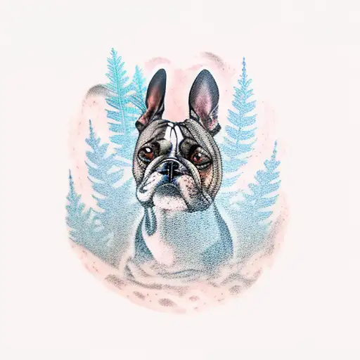 A Tattoo Of A Dog Resting Under A Majestic Redwood Tree By A Flowing River