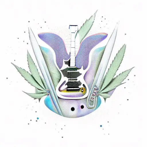 A Psychedelic Design Of A Car Engine Morphing Into A Guitar Surrounded By Cannabis Leaves