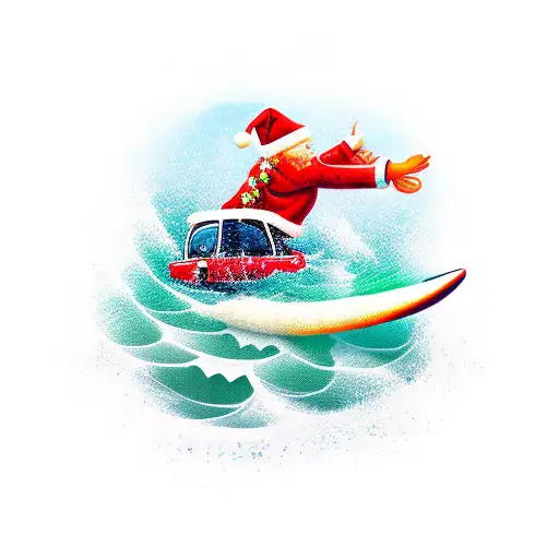 A Woodie Car With Surf Boards And A Santa Hat