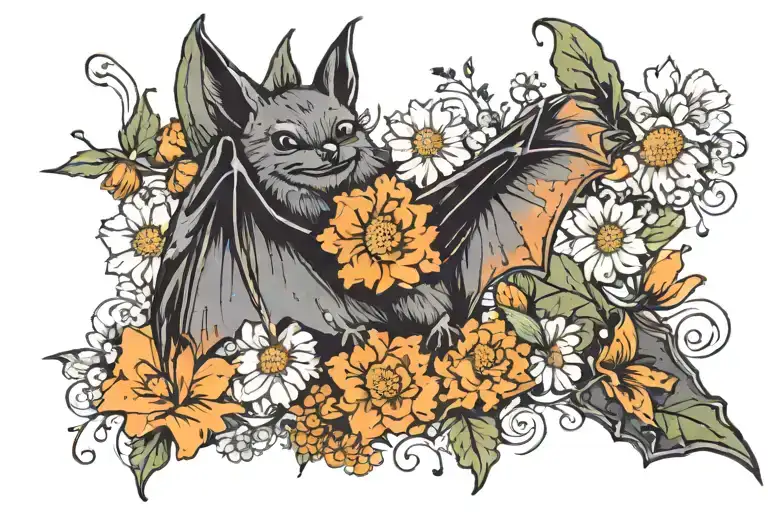 Bat With Marigolds And Cosmos Flowers