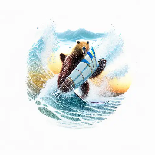 A Grizzly Bear Surfing A Wave In The Ocean
