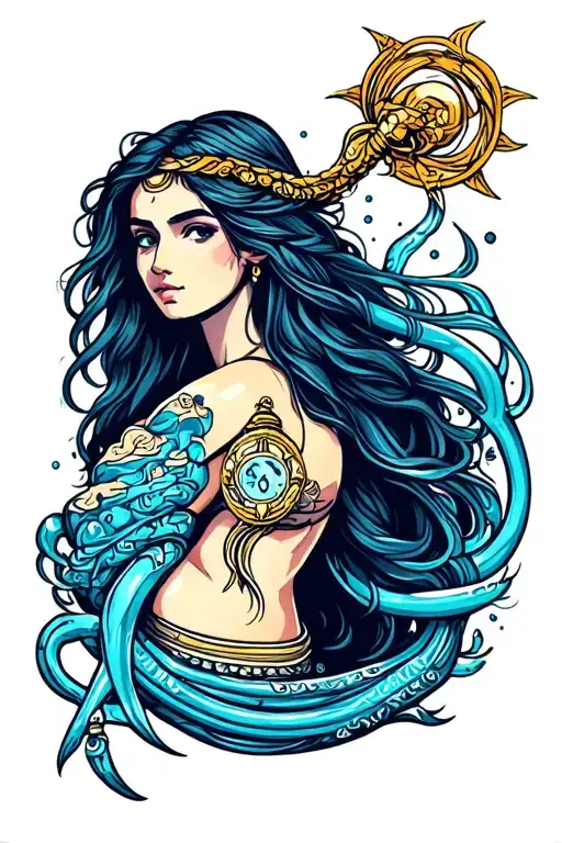 Unique Aquarius Tattoo On The Upper Thigh