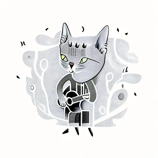 A Whimsical Tattoo Of A Cat Playing A Guitar In A Forest Filled With Musical Notes Tattoo