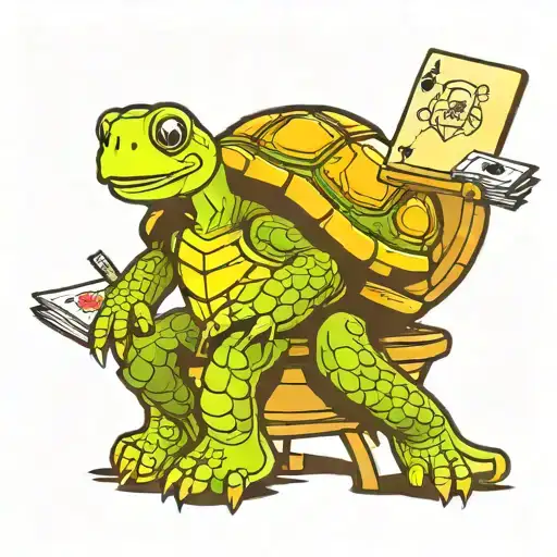 Turtle Sitting On A Stool Plaing Cards
